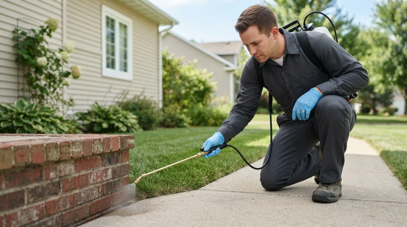 Pest control technician treating a home near New Enterprise, PA